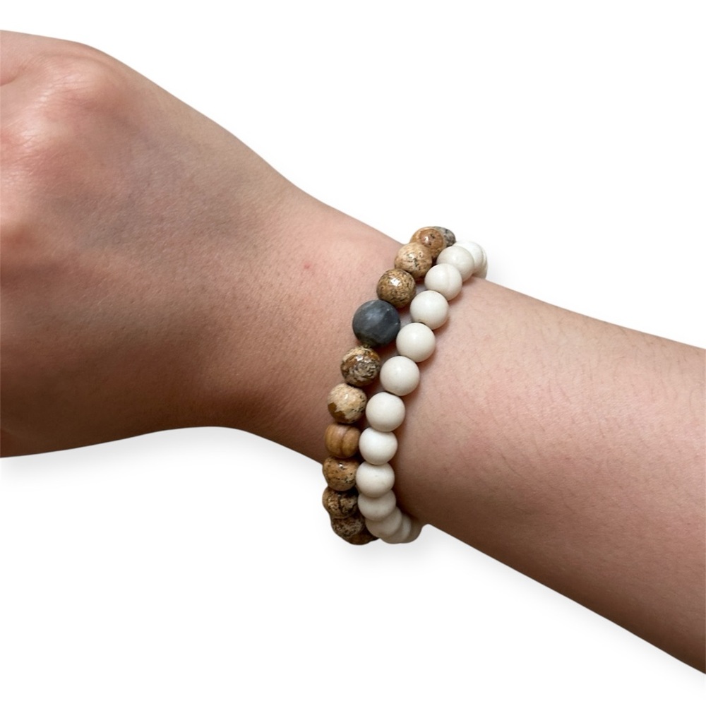 Elegant Beaded Bracelet Set - Cream and Brown
